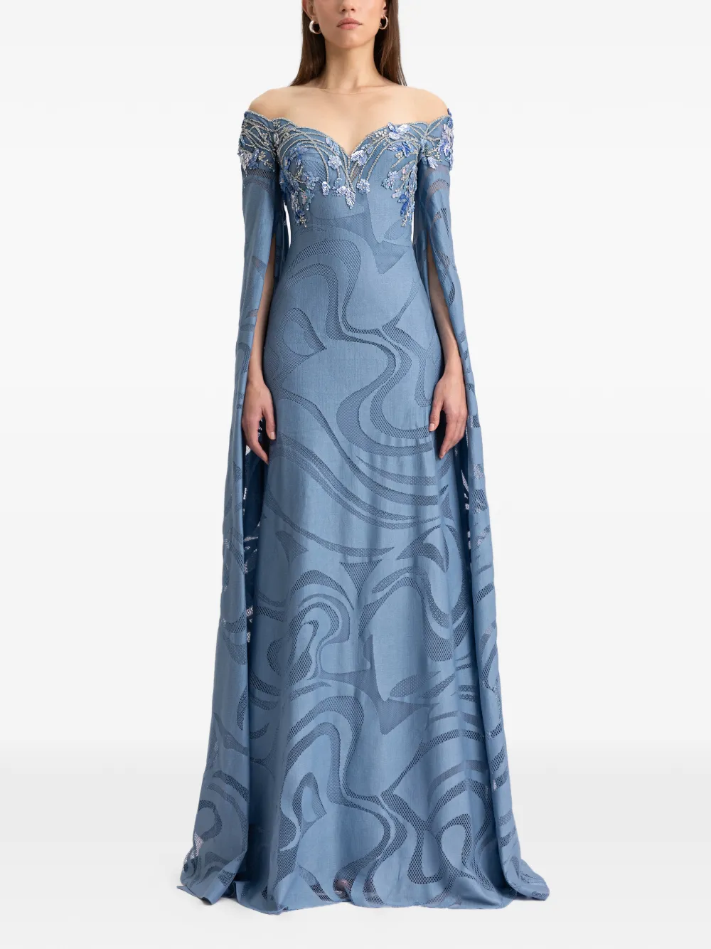 Gemy Maalouf cape-sleeve floor-length gown - Blauw