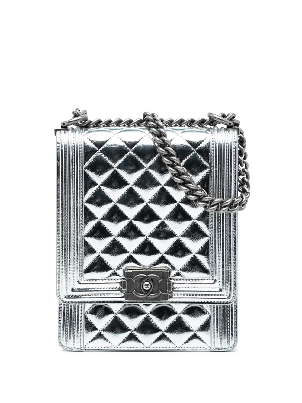 CHANEL Pre-Owned 2018-2019 Quilted Metallic Calfskin North South Boy Flap crossbody bag - Silver