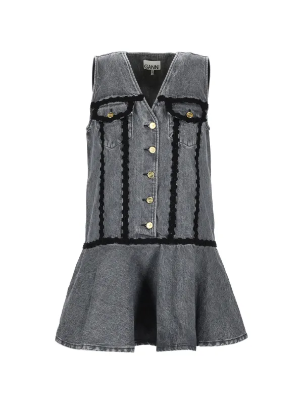 Ganni V-Neck Flounce Dress - Grey