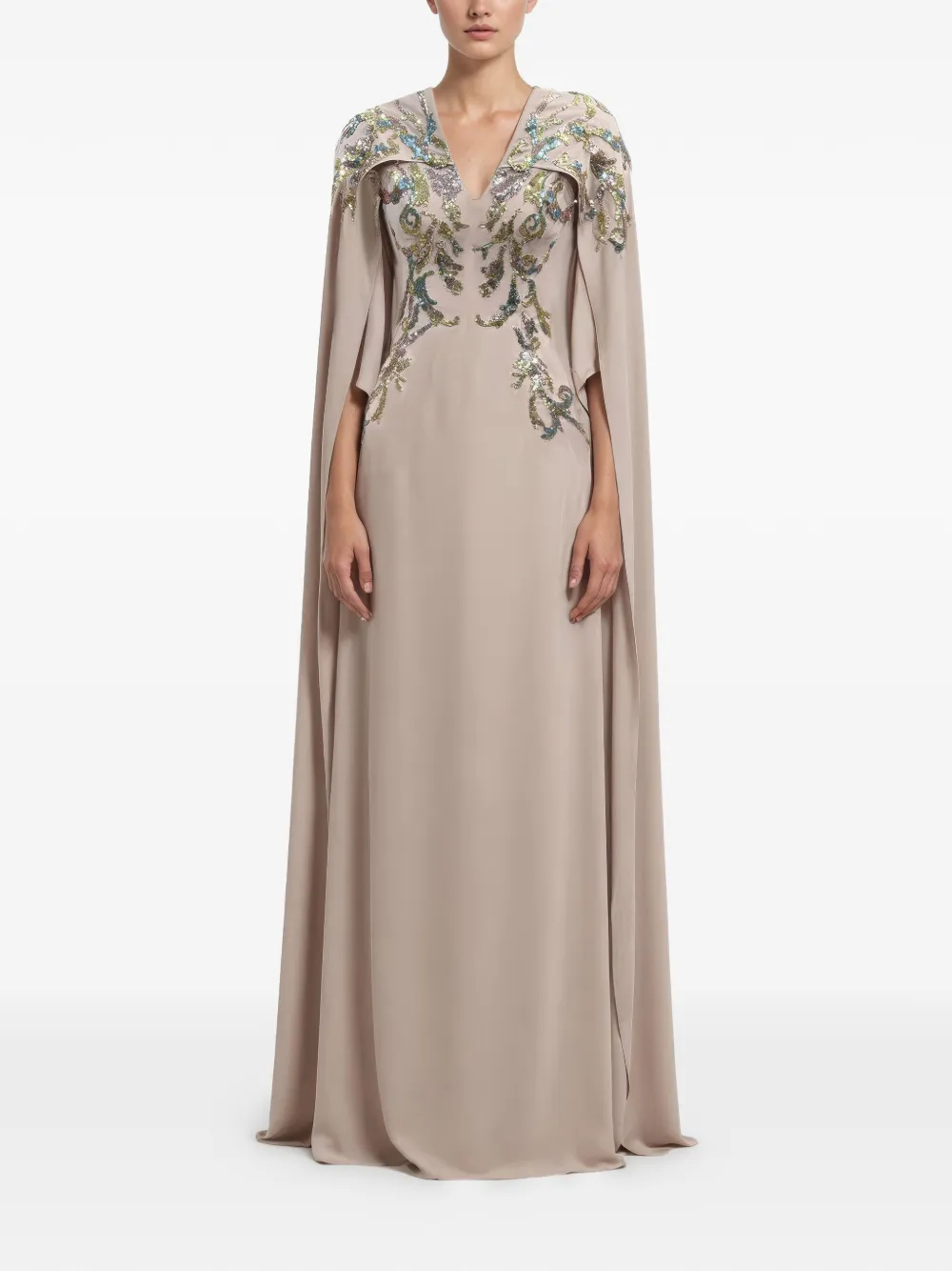 Saiid Kobeisy Jurk met verfraaide voorkant en cape Beige