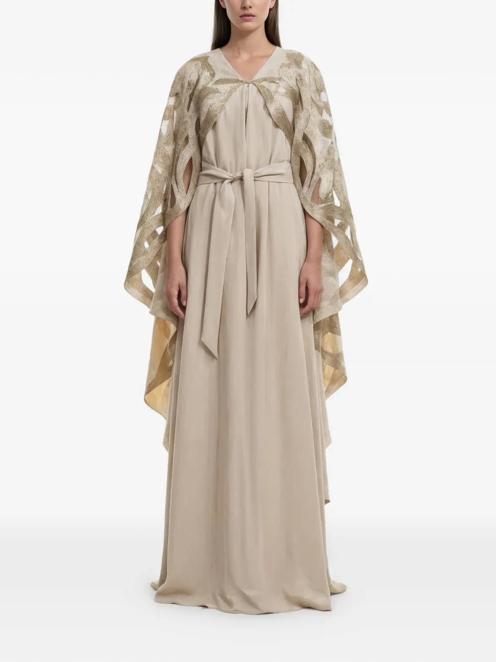Saiid Kobeisy Avondjurk met V-hals en cape Beige