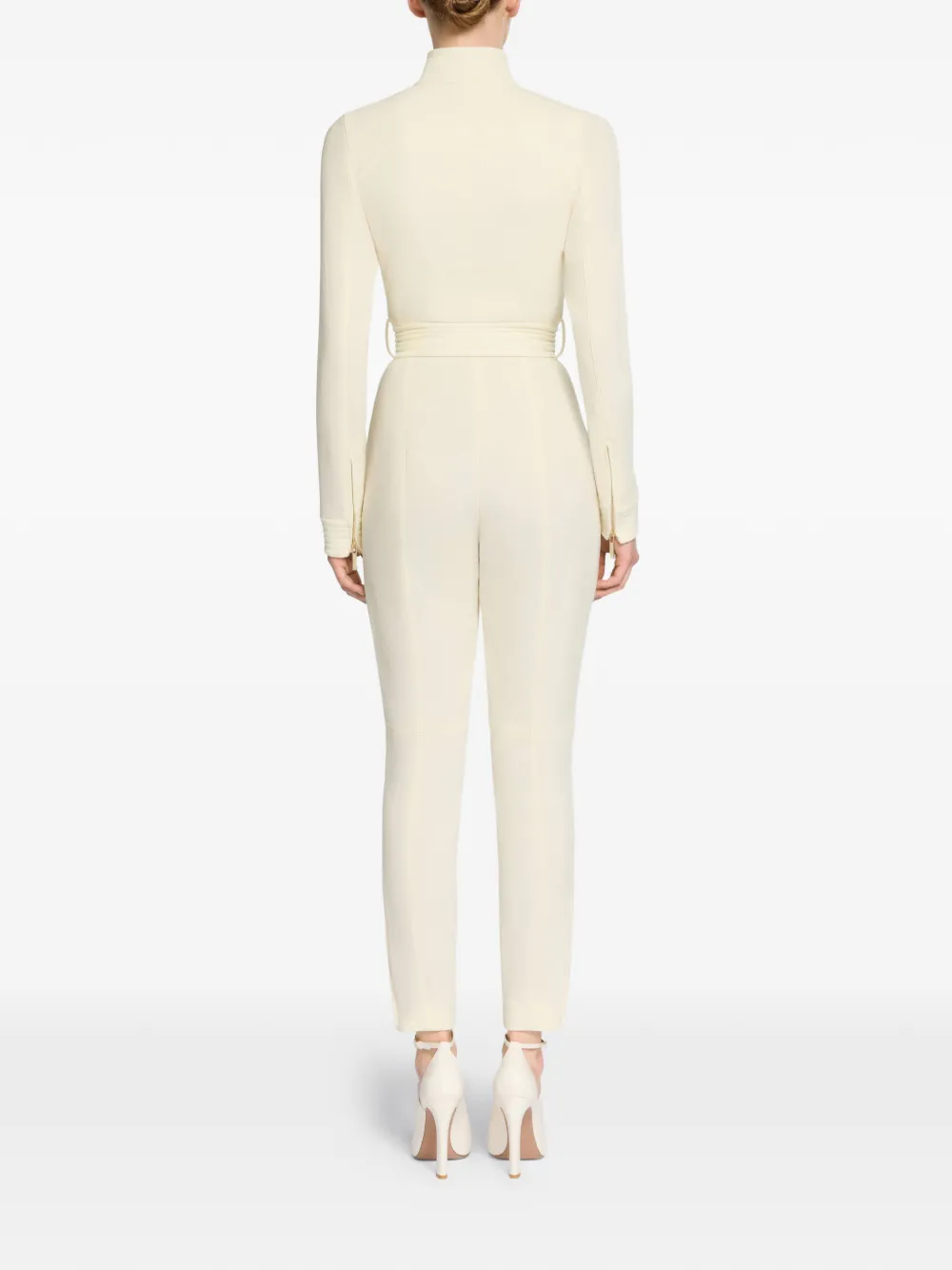 Elie Saab Jumpsuit met col en ceintuur Beige