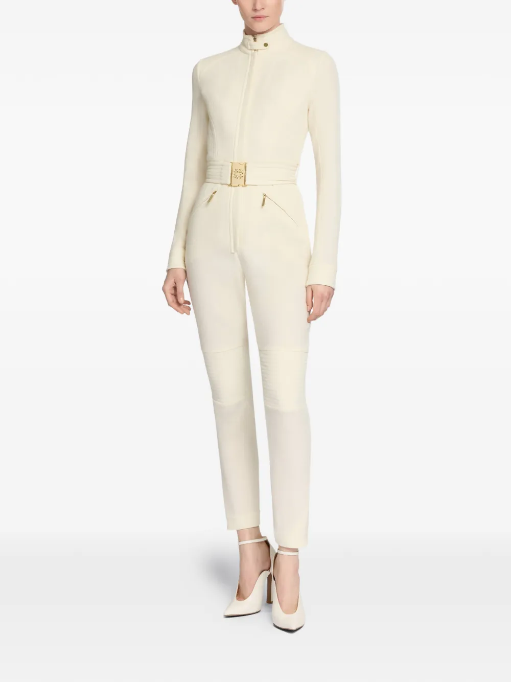 Elie Saab Jumpsuit met col en ceintuur Beige