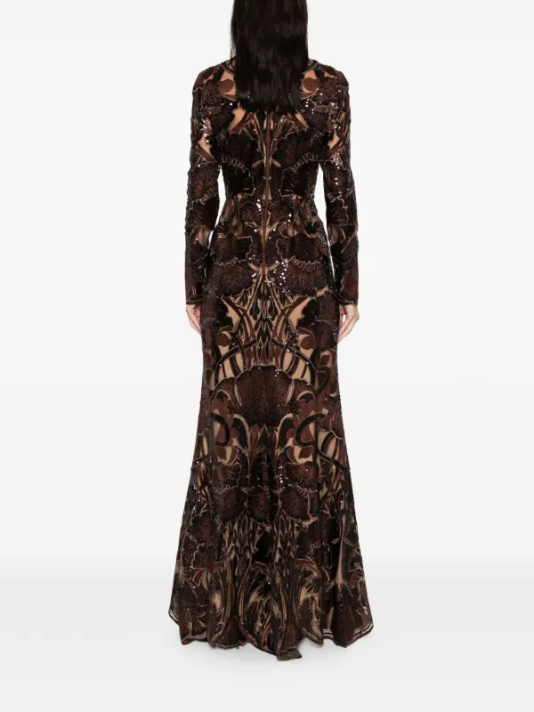 elie saab maxi dress Elie Saab Semi-Sheer Sequin Embroidered Mesh Dress, Brownie, Women's, 36, Cocktail & Party Wedding Guest Dresses Sequined Dresses