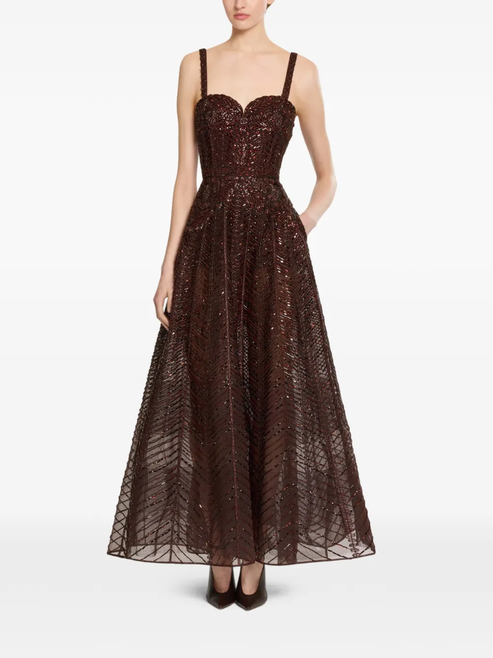 Elie Saab Midi-jurk met geborduurde kralen Bruin