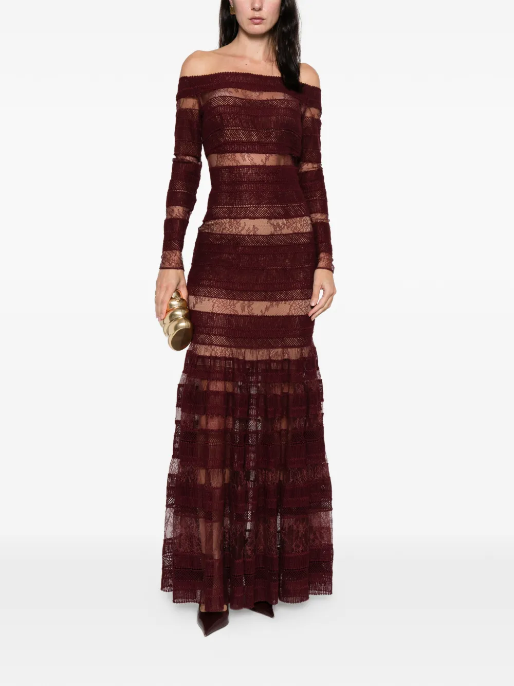 Elie Saab Kanten jurk met lange mouwen - Burgundy bliss