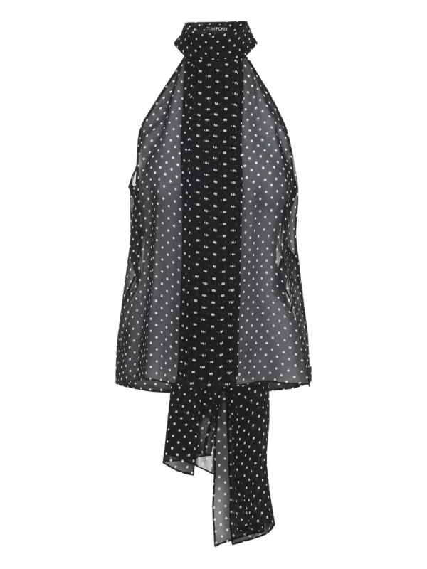 Tom Ford Polka Dot Silk Georgette Halterneck Lavallière Top with Plissé Detail in Black