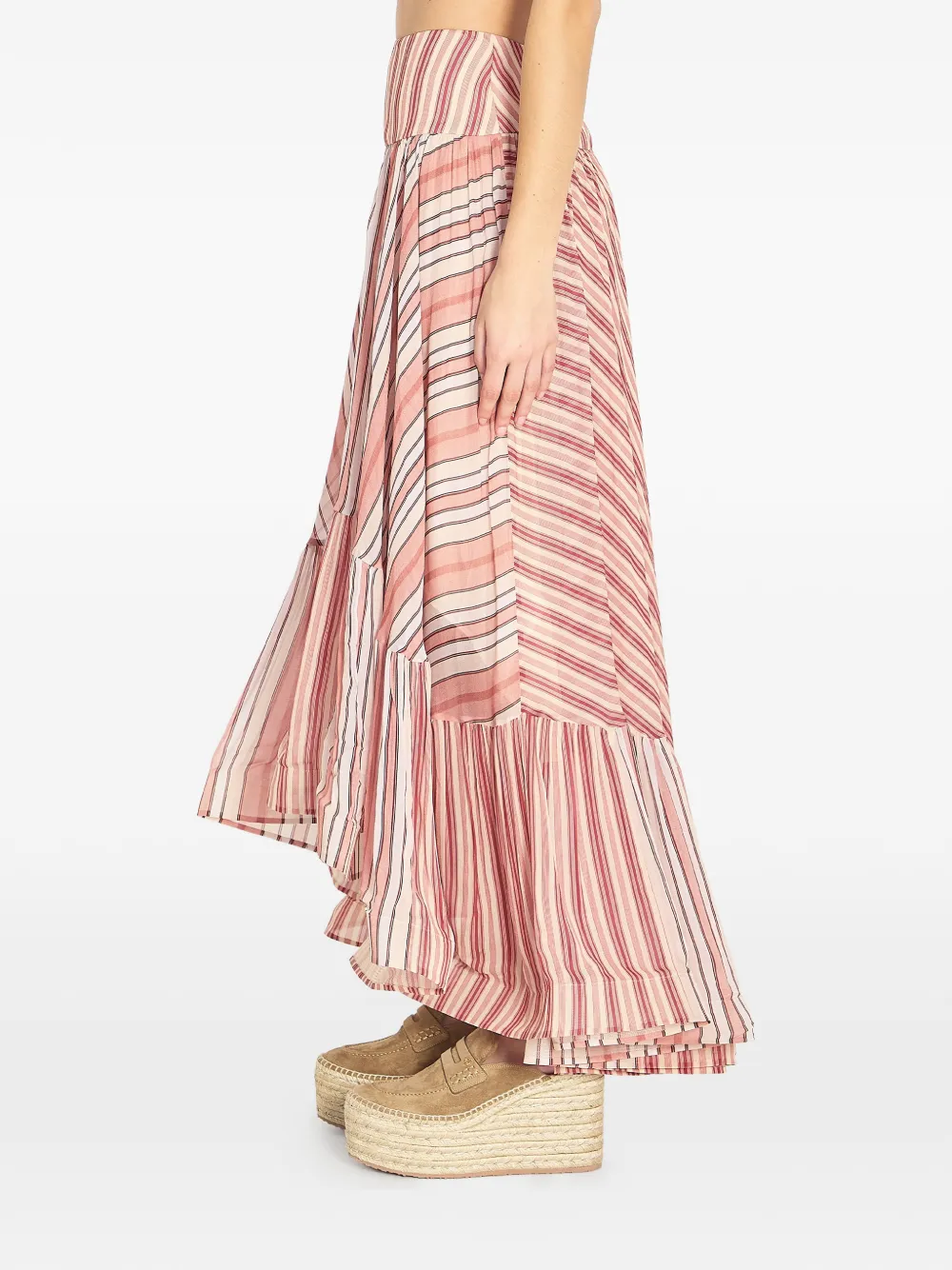 ZIMMERMANN Boh&eacute;mien Rebellion ruffled striped midi skirt - Roze
