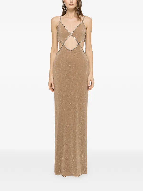 chinese dress ladies Crystal Embellished Long Sleeve Maxi Dress in Beige L / Beige main image 1