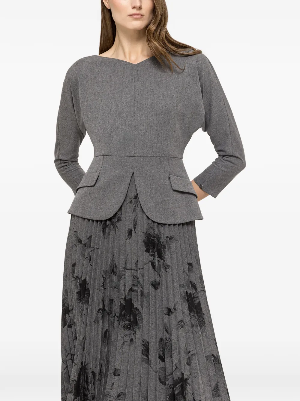 NISSA pleated floral midi dress - Grigio