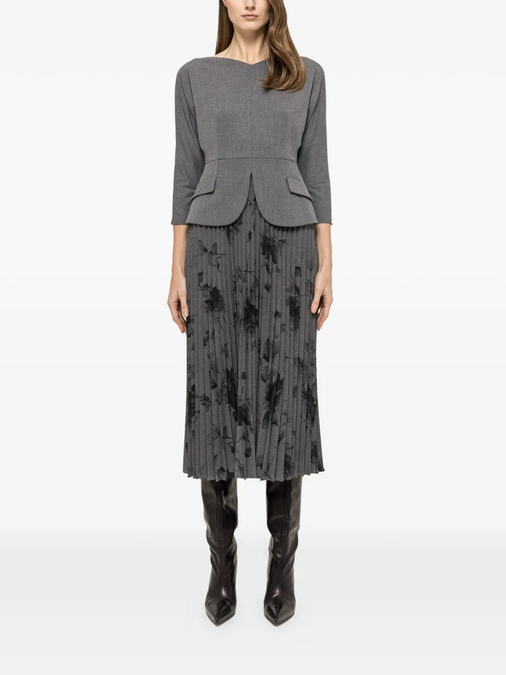 NISSA pleated floral midi dress - Grijs