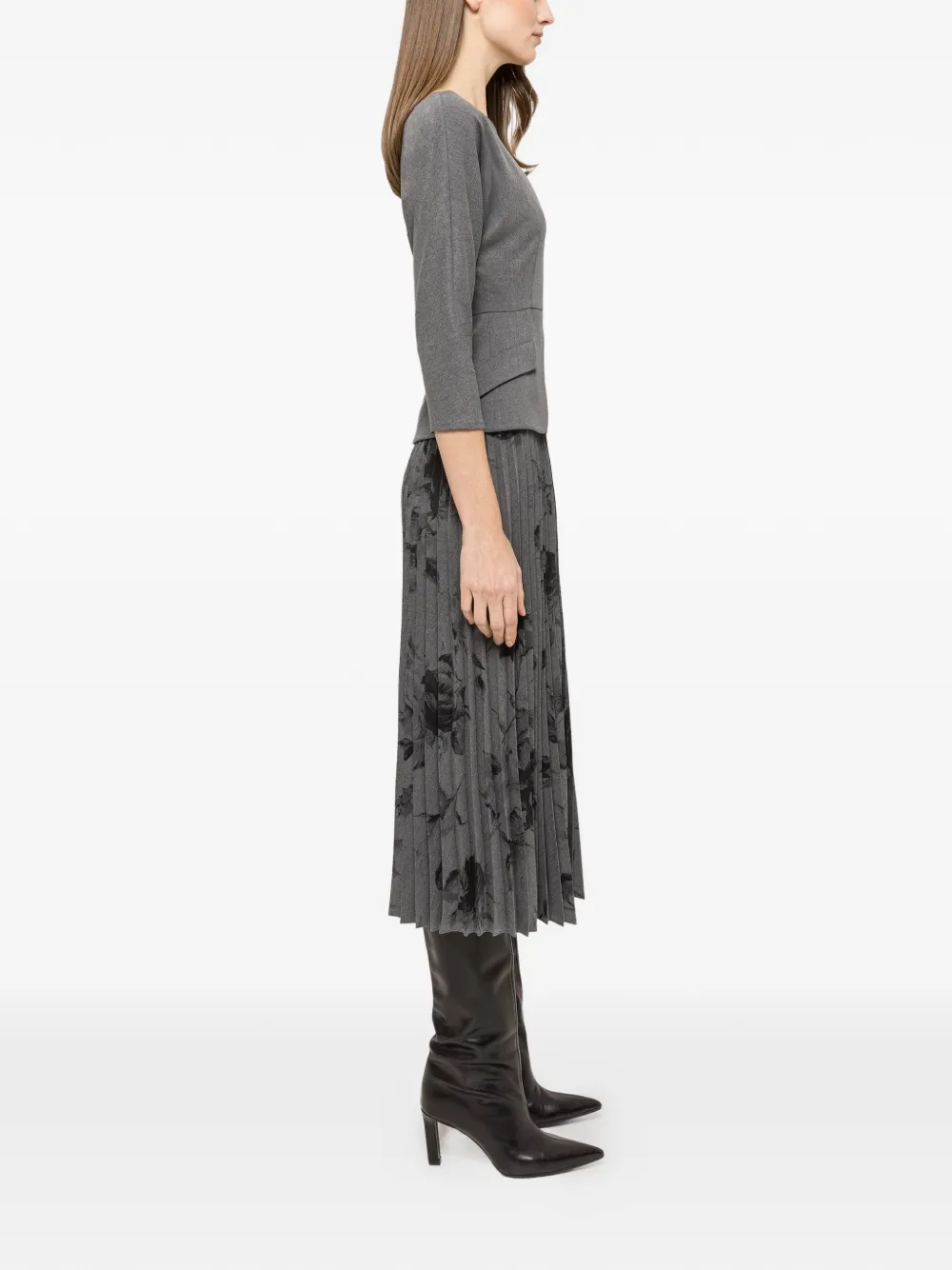  Nissa Pleated Floral Midi Dress - Grey 
