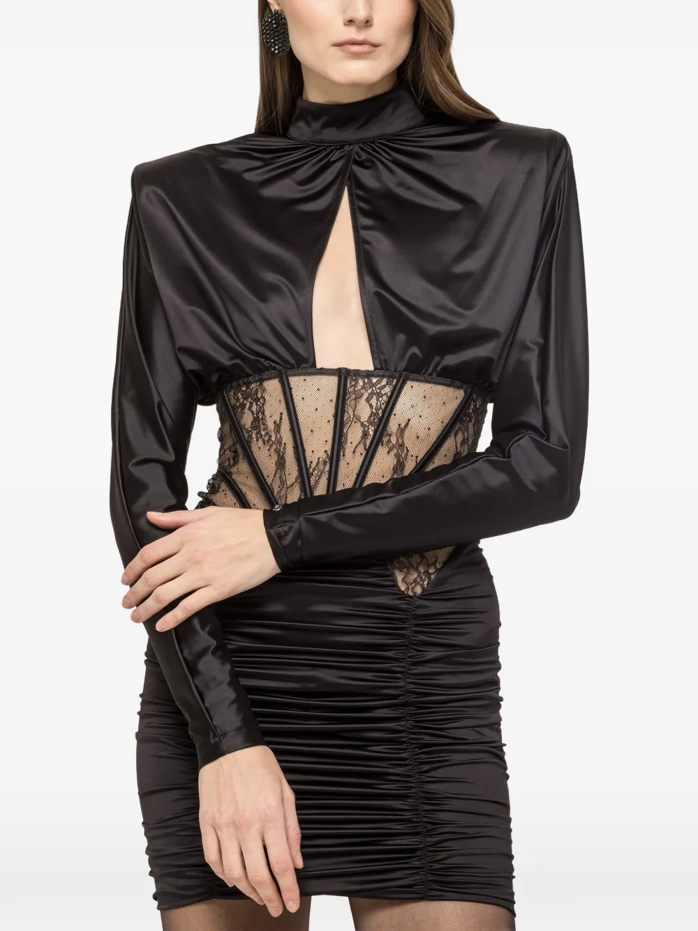 NISSA lace-insert satin mini dress - Nero