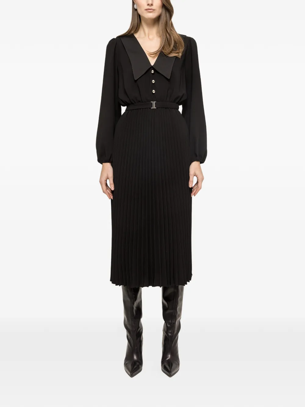NISSA pleated belted midi dress - Nero