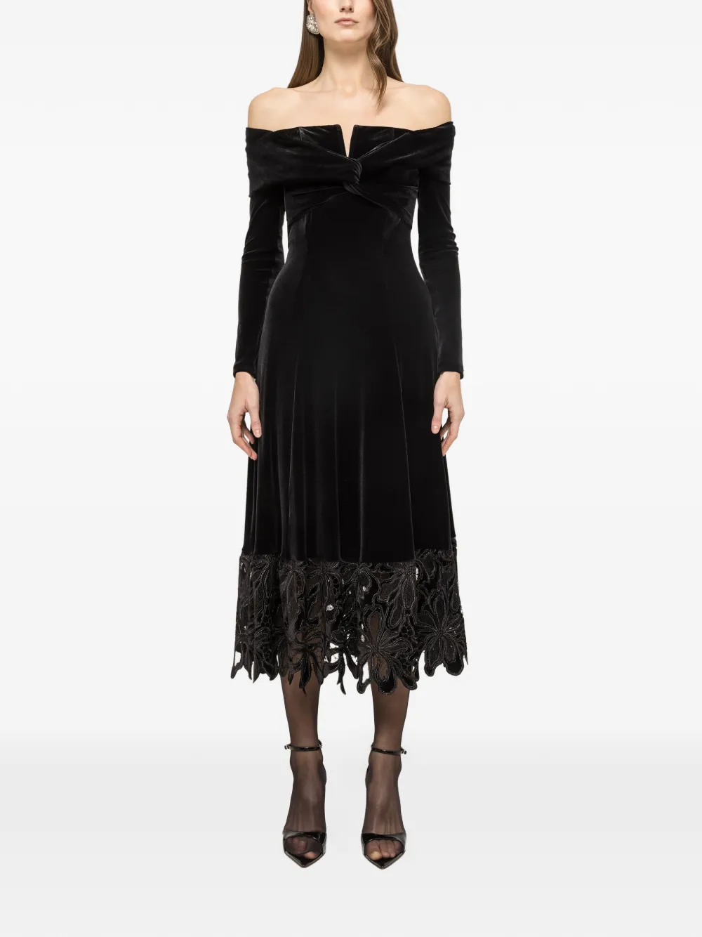 NISSA off-shoulder velvet midi dress - Nero