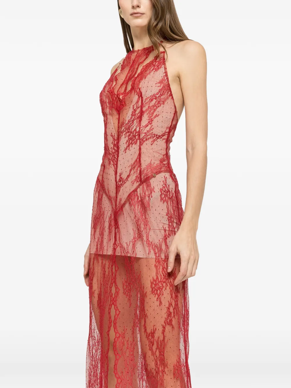 NISSA rhinestone-embellished lace maxi dress - Rosso