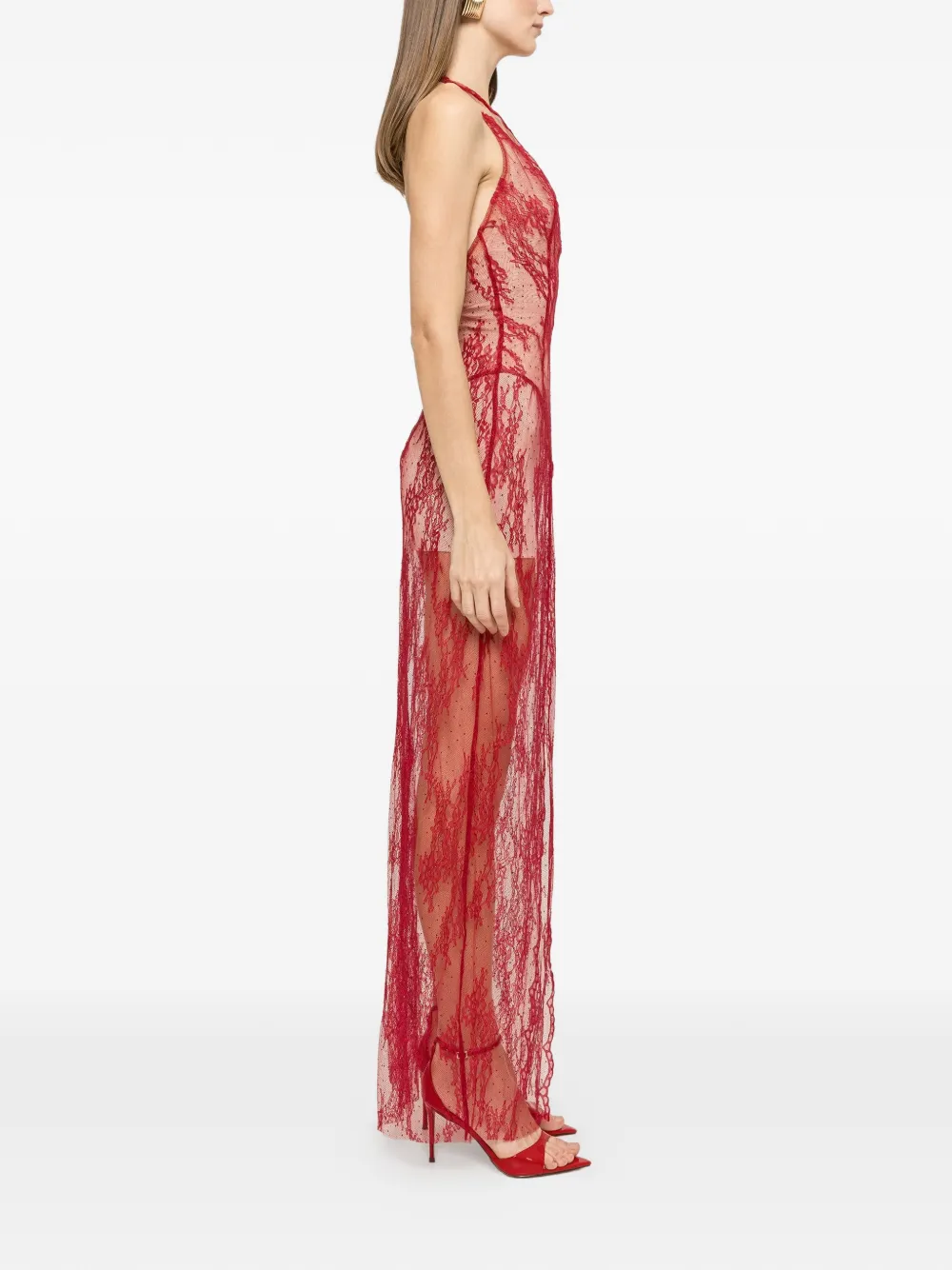 Rhinestone-Embellished Lace Maxi Dress