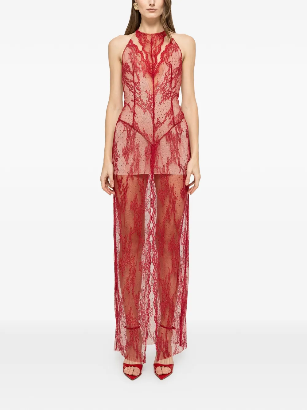 NISSA rhinestone-embellished lace maxi dress - Rood