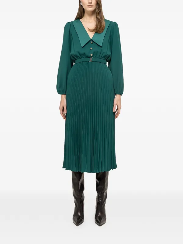 NISSA Pleated Belted Midi Dress | Green