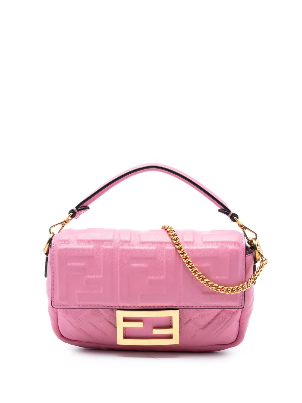Pre-owned Fendi 2010-2025 Mini Zucca Embossed Leather Baguette Satchel In Pink