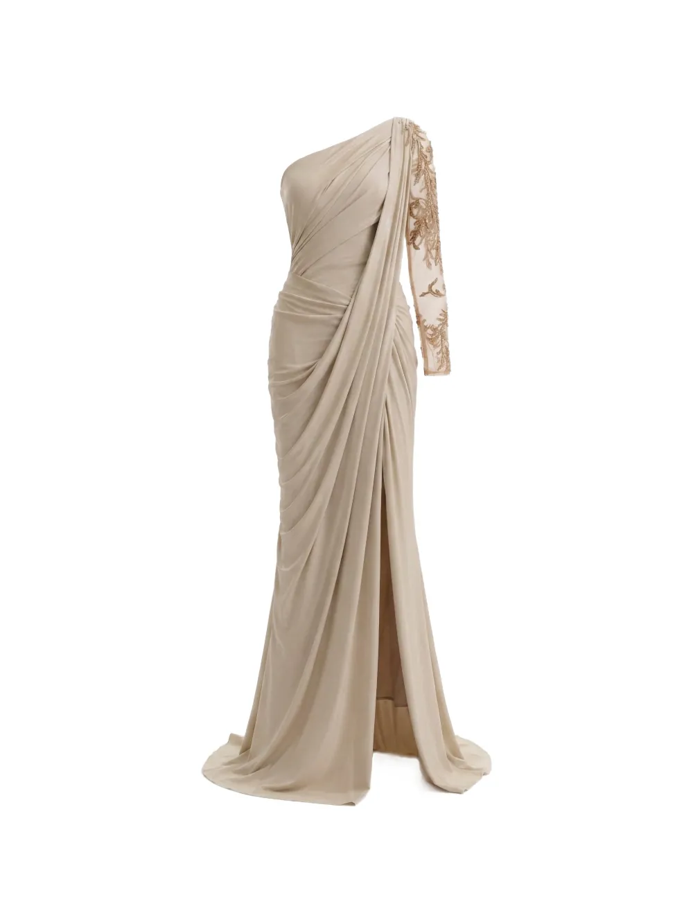 Gemy Maalouf Asymmetrische gedrapeerde jurk met kralen Beige