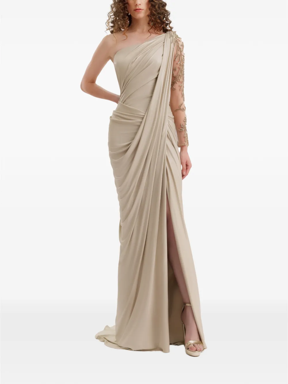 Gemy Maalouf Asymmetrische gedrapeerde jurk met kralen Beige