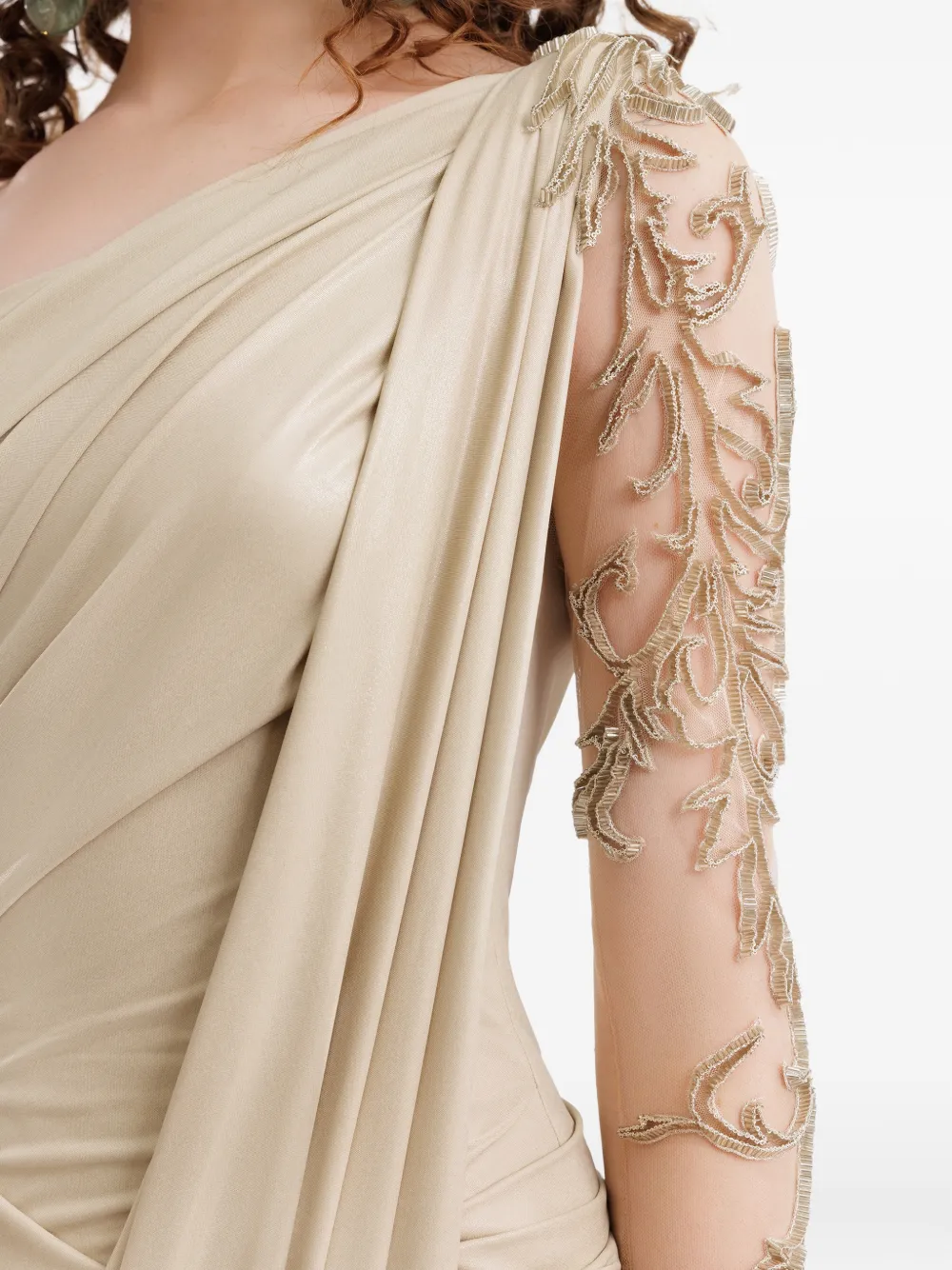 Gemy Maalouf Asymmetrische gedrapeerde jurk met kralen Beige