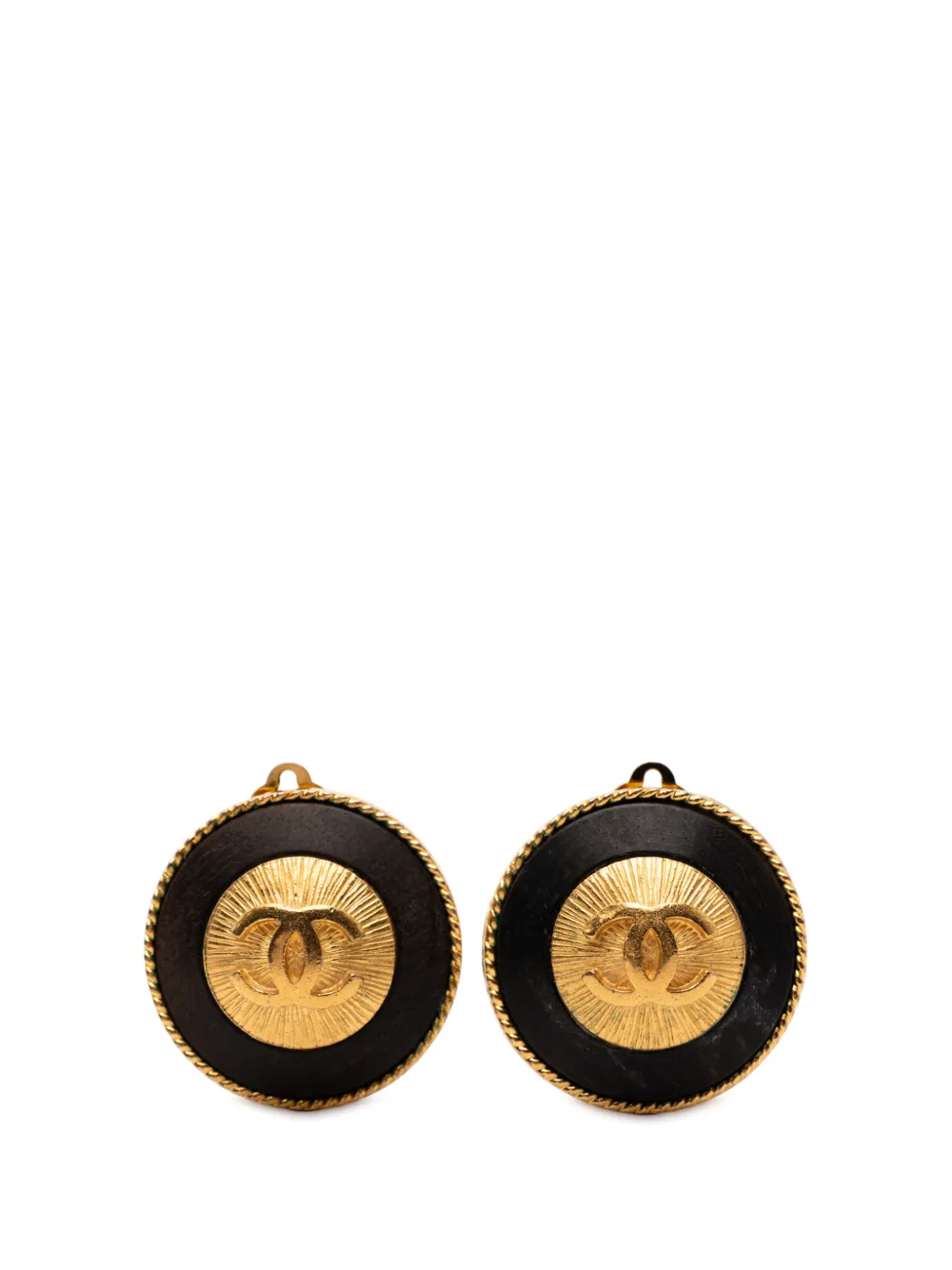 CHANEL Pre-Owned 1993 CC Gold Plated and Wood Round Button Clip On Earrings costume earrings - Nero
