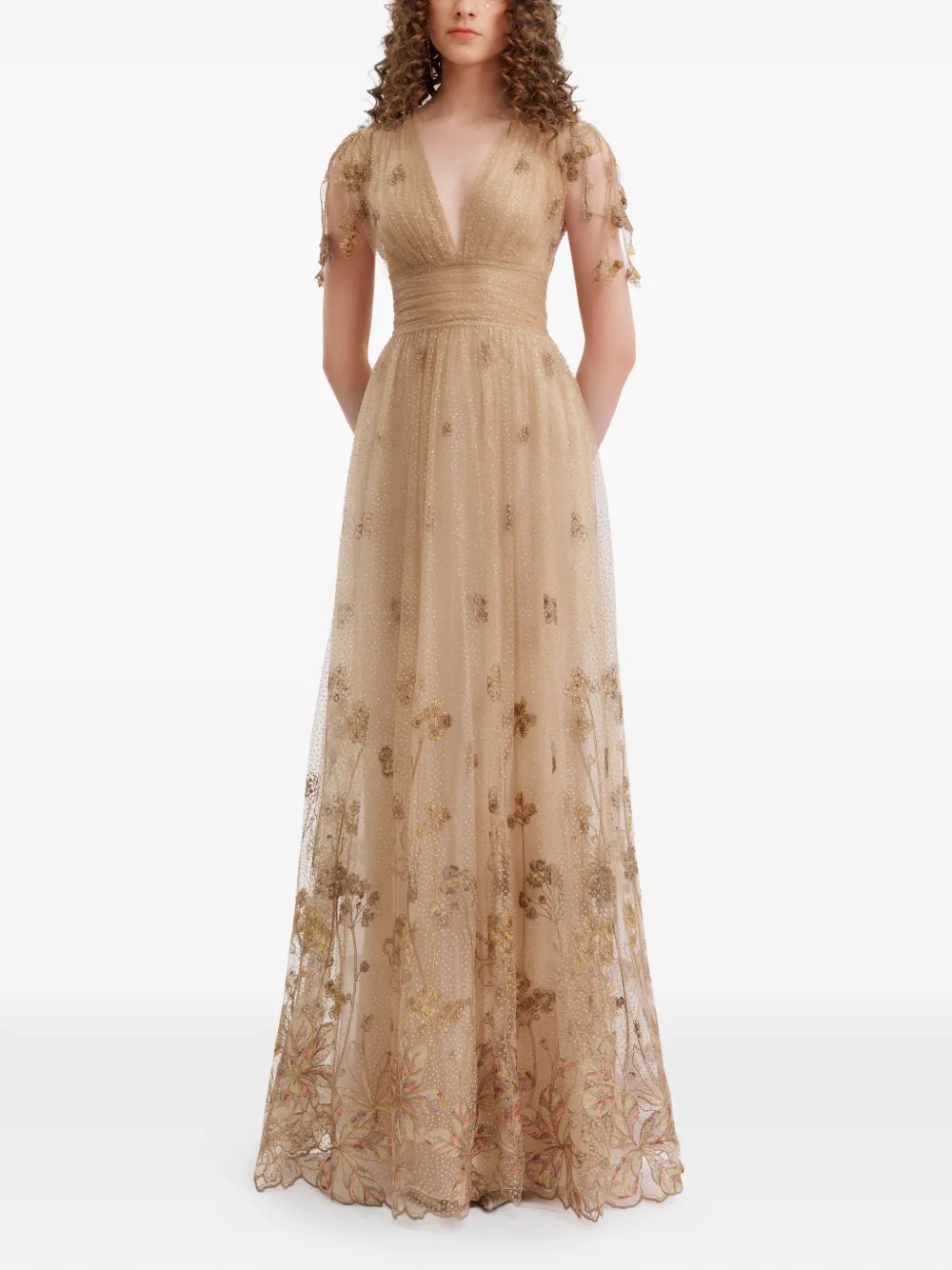 Gemy Maalouf embroidered V-neck tulle gown dress - Toni neutri