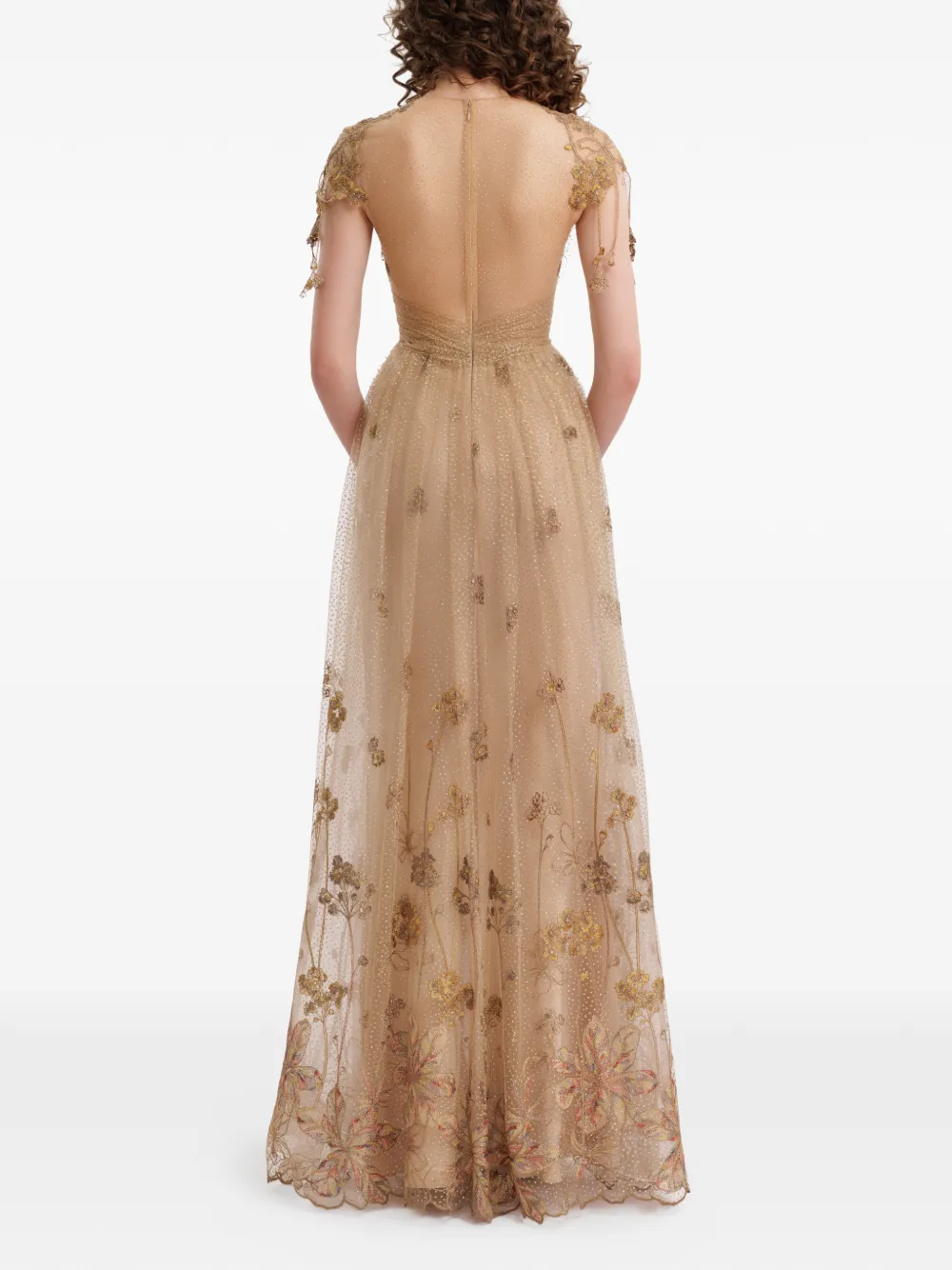 Gemy Maalouf embroidered V-neck tulle gown dress - Beige