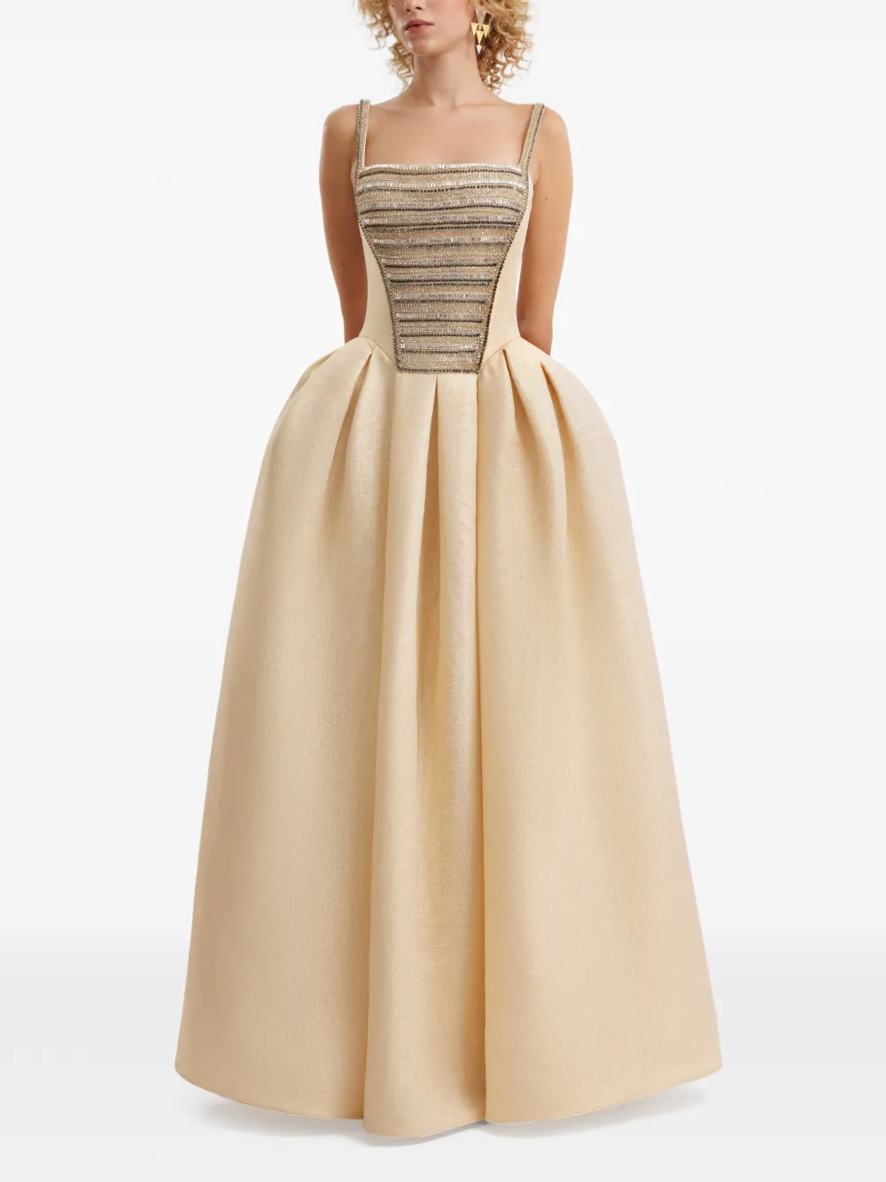 Gemy Maalouf Jurk met vierkante hals en kralen jacquard Beige