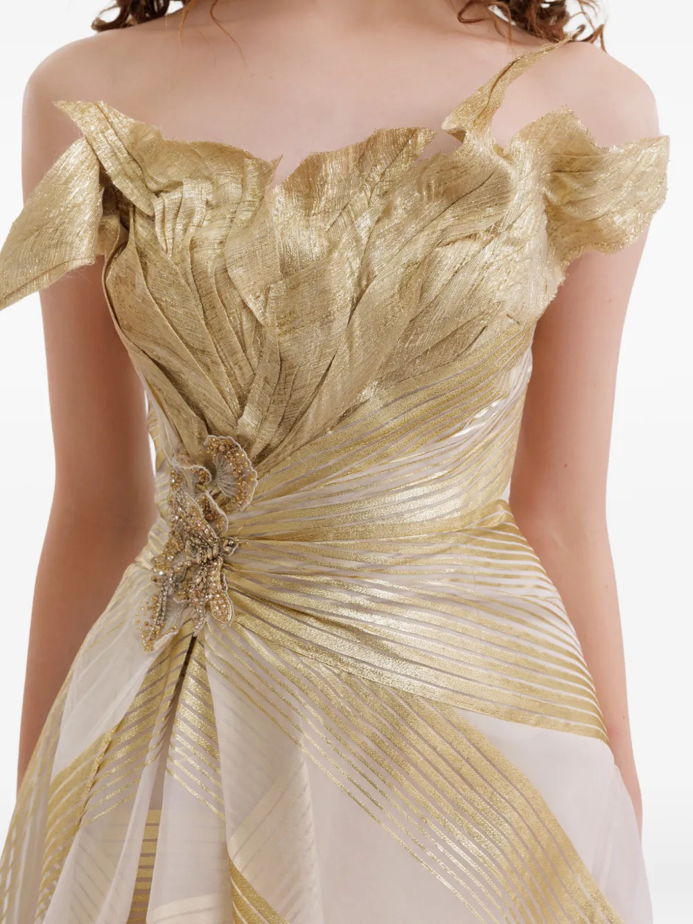 Gemy Maalouf Gesmockte off-shoulder avondjurk Beige