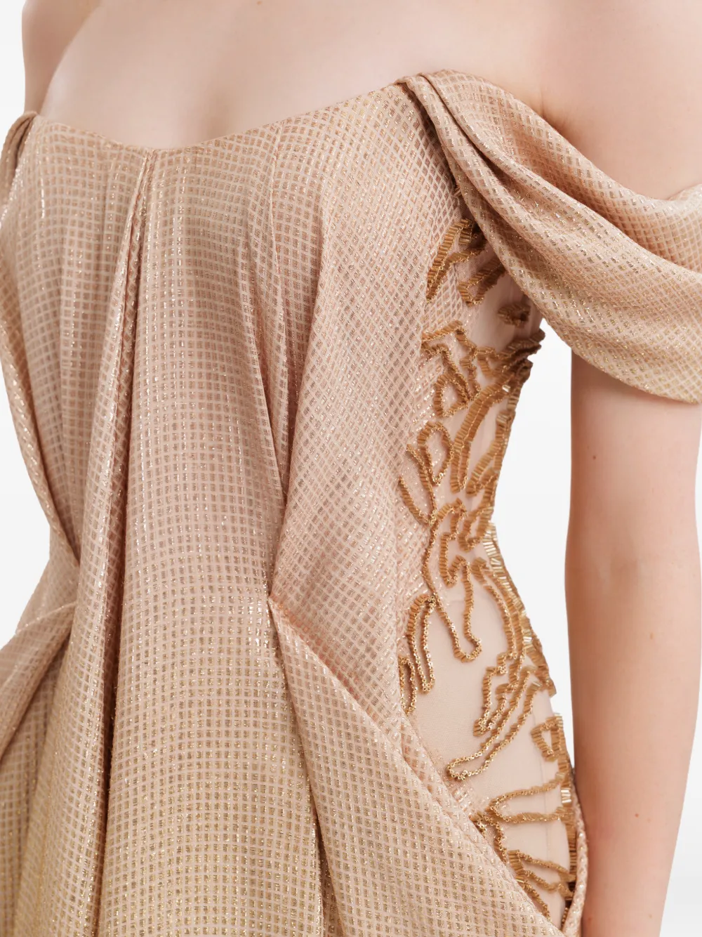 Gemy Maalouf Off-shoulder jurk met ruches en kralen Beige