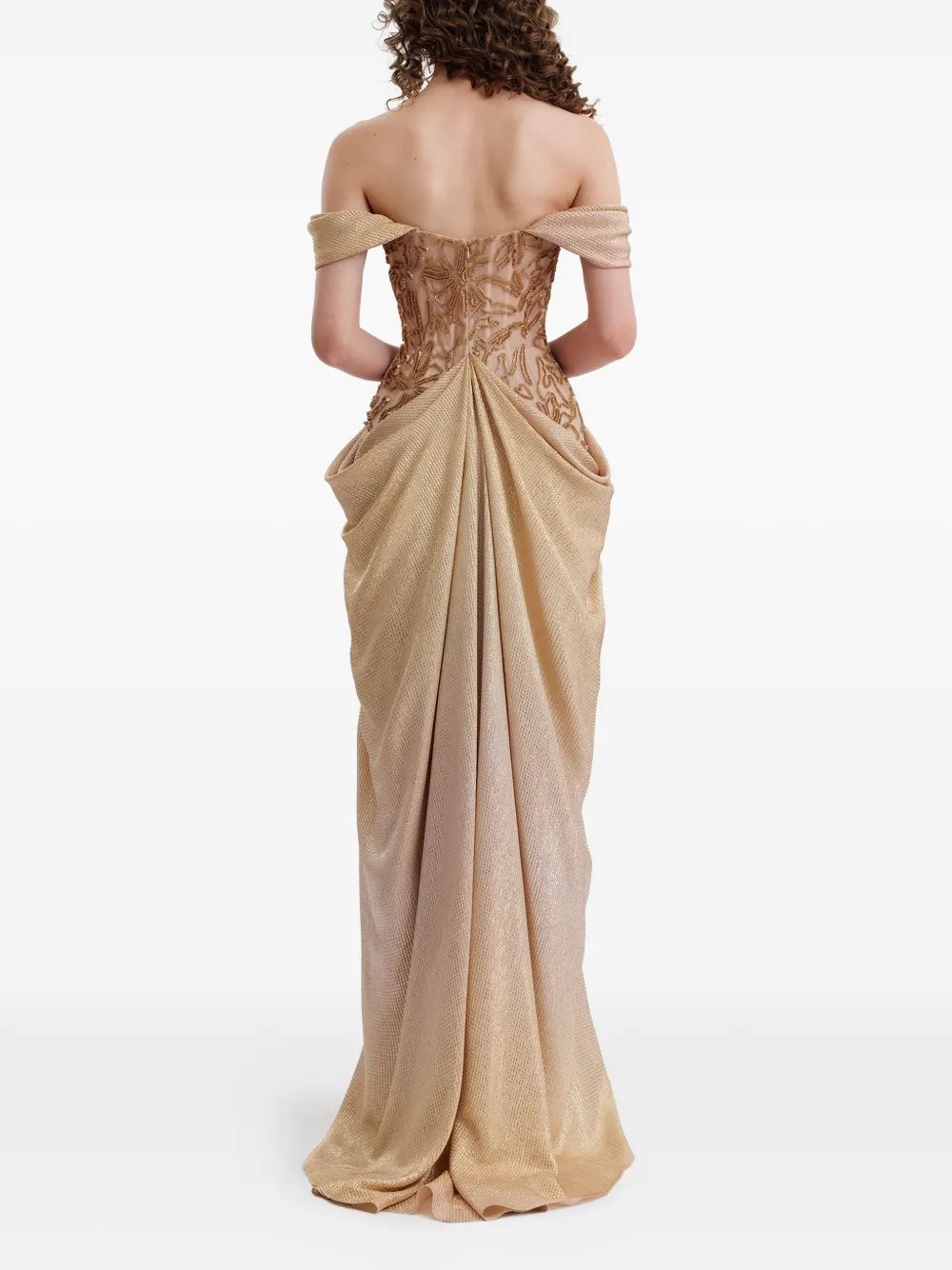 Gemy Maalouf Off-shoulder jurk met ruches en kralen Beige