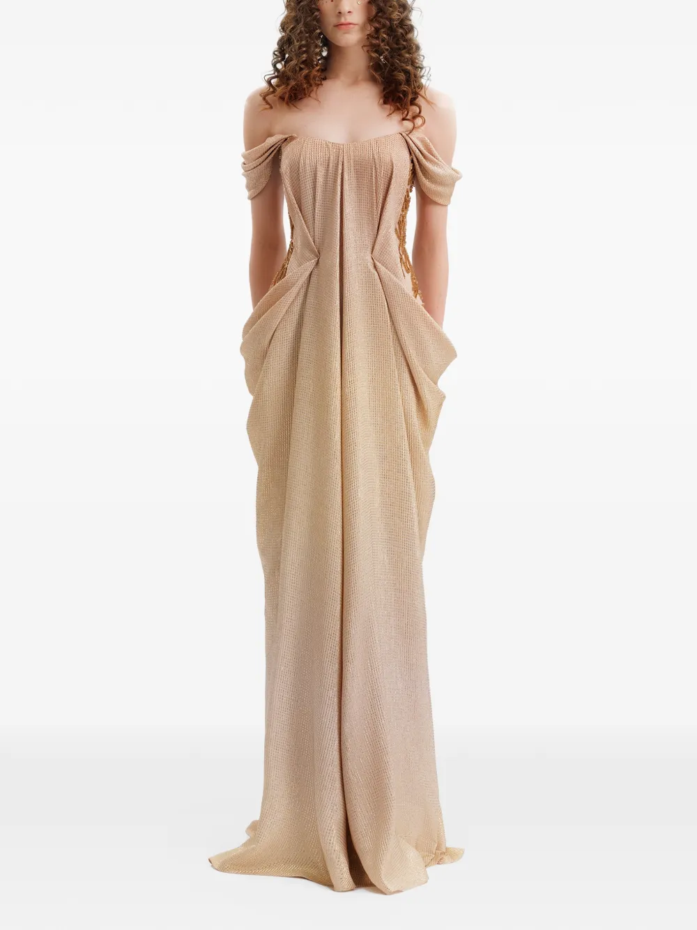 Gemy Maalouf off-shoulder beaded ruched dress - Beige