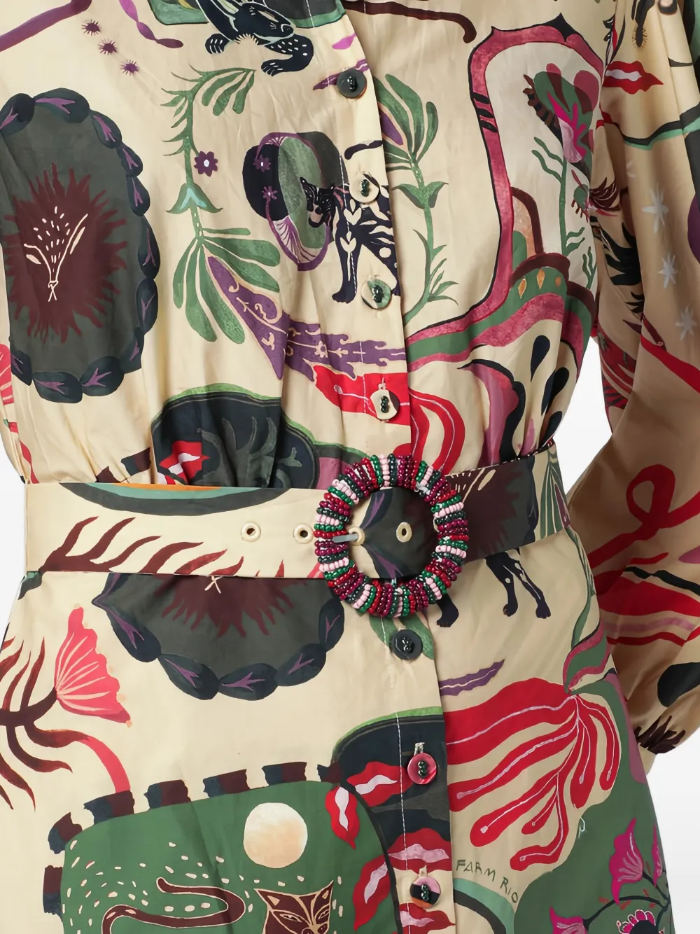 FARM Rio Jurk met kralen print en ceintuur Beige