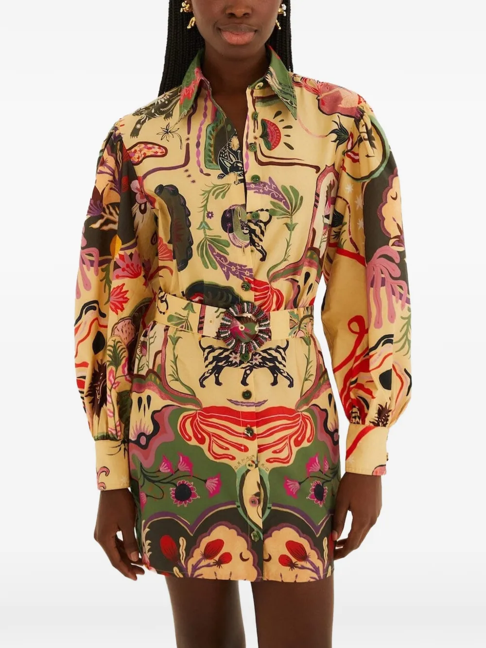 FARM Rio Jurk met kralen print en ceintuur Beige