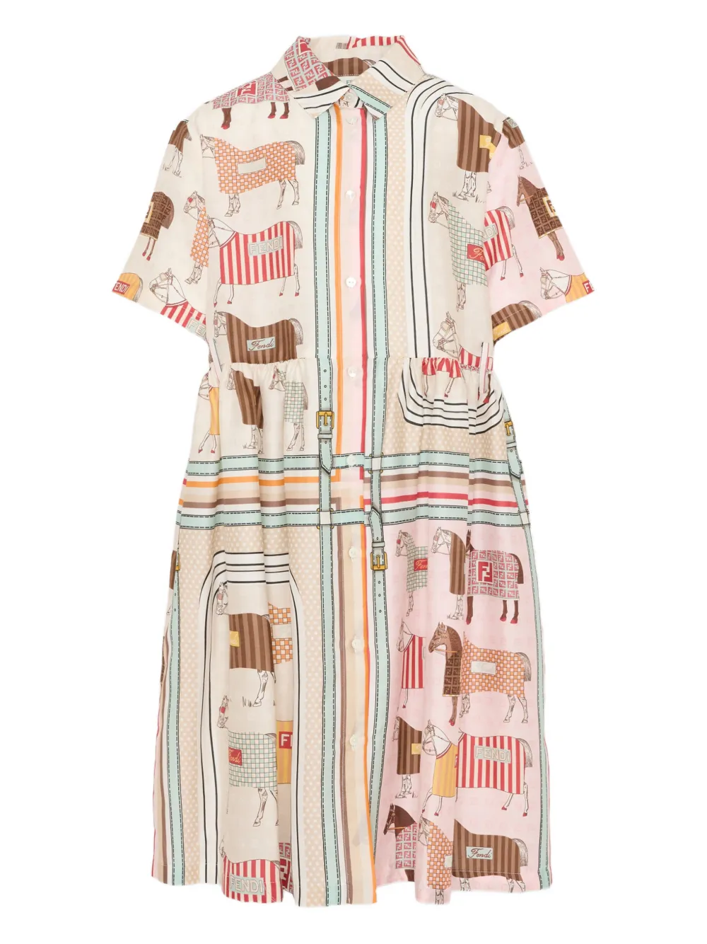 Fendi Kids Gestreepte katoenen jurk met paardenpatroon Beige