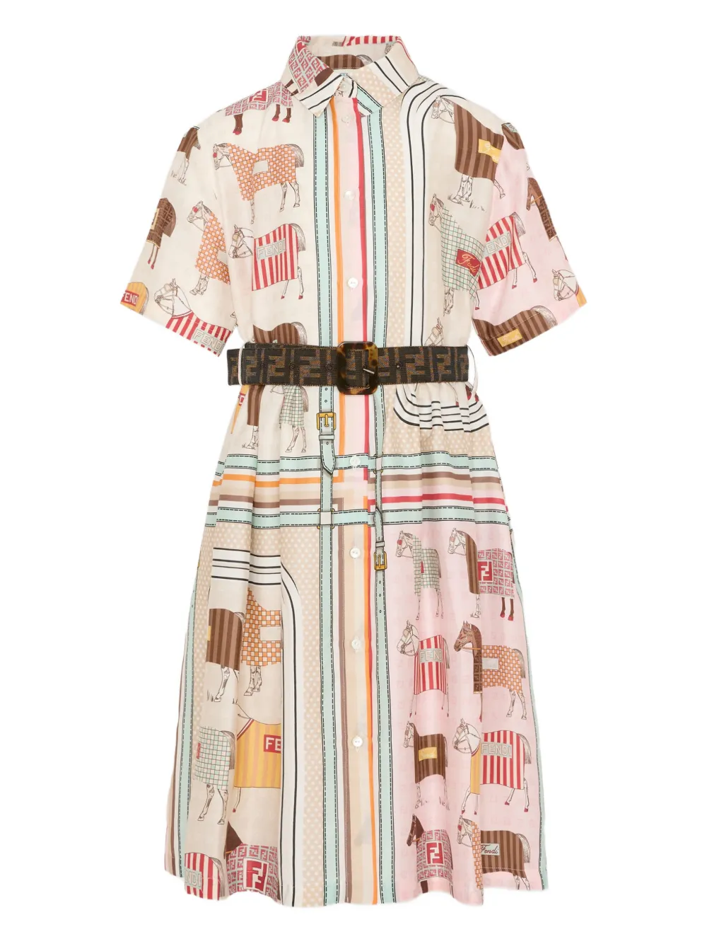 Fendi Kids horse-motif striped cotton dress - Nude
