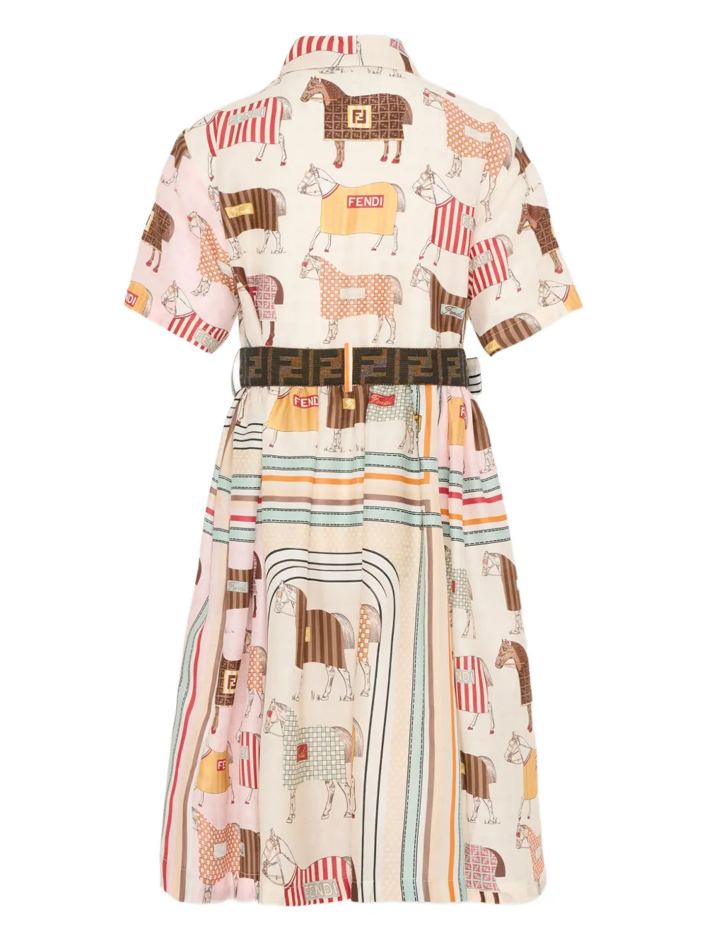 Fendi Kids Gestreepte katoenen jurk met paardenpatroon Beige