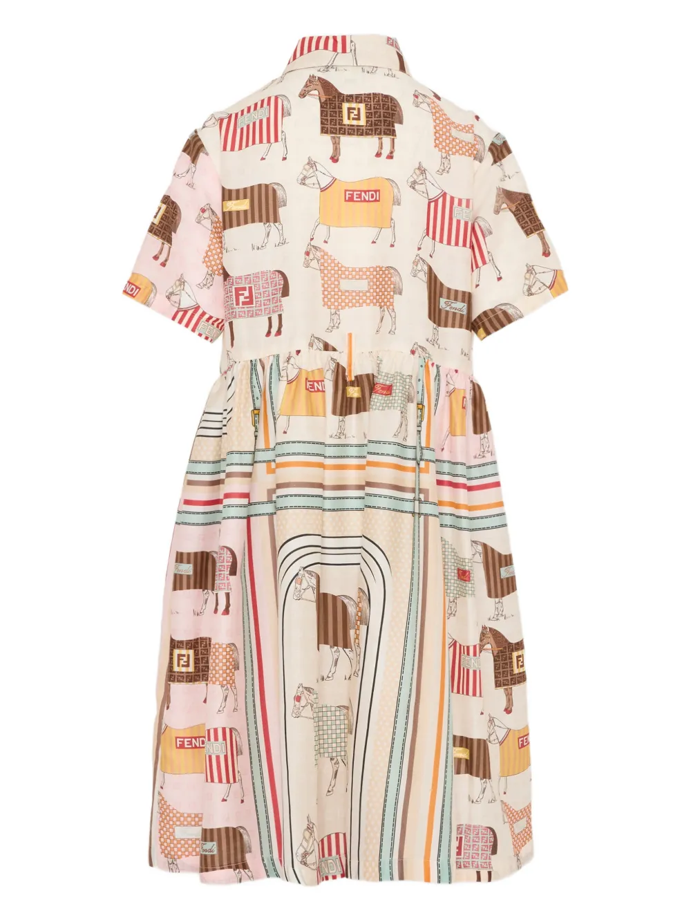 Fendi Kids Gestreepte katoenen jurk met paardenpatroon Beige