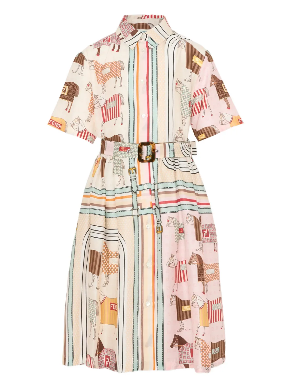 Fendi Kids Gestreepte katoenen jurk met paardenpatroon Beige