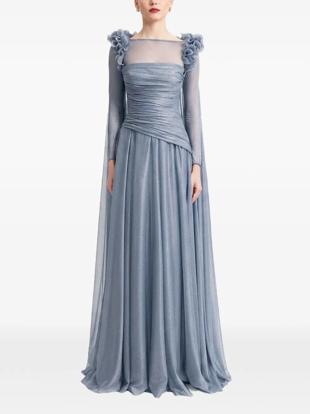 Gemy Maalouf Jurk met bloemen en ruches Blauw