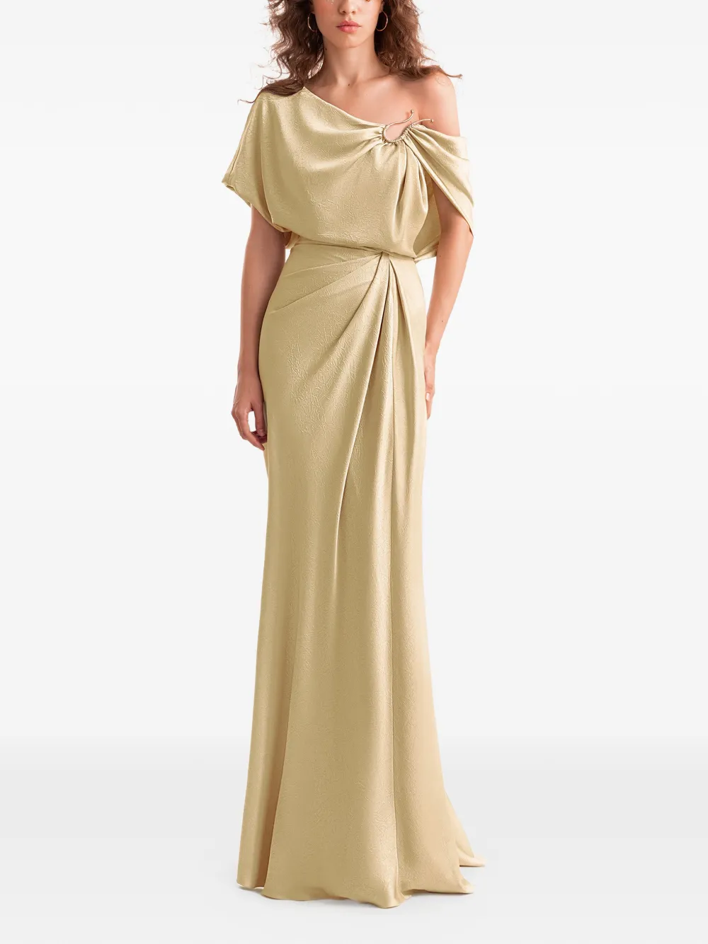 Gemy Maalouf Asymmetrische gedrapeerde maxi-jurk met gouden gesp Beige