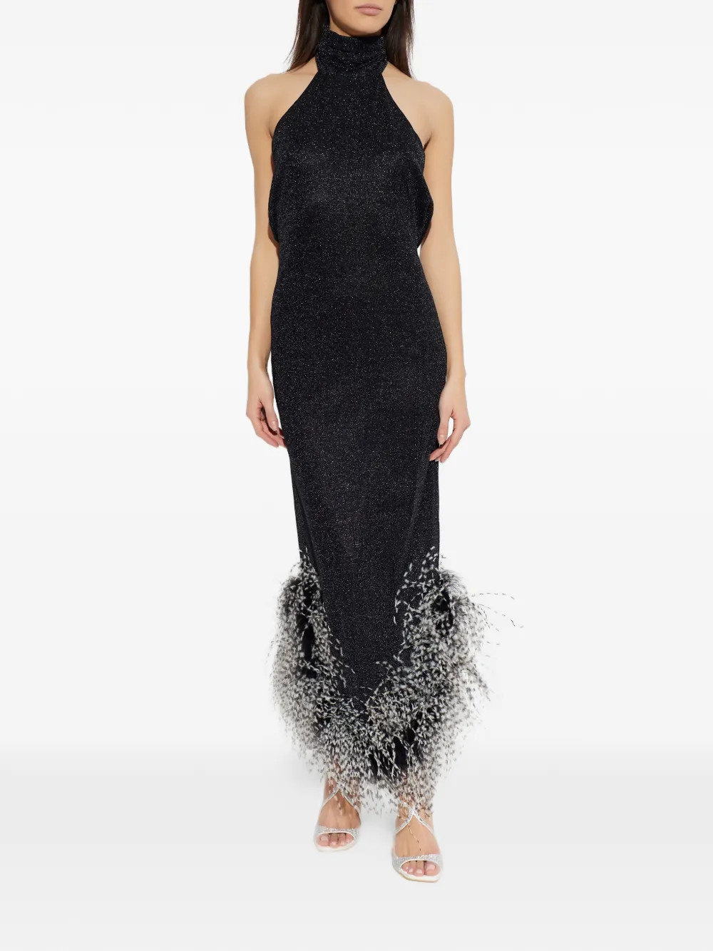 Os&eacute;ree feather halterneck dress - Zwart