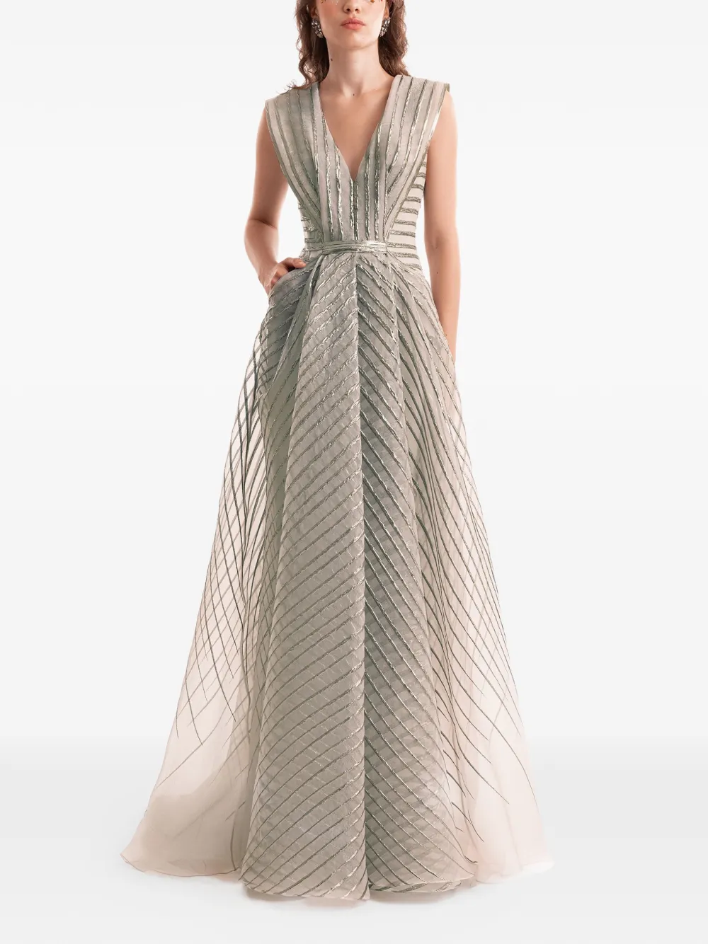 Gemy Maalouf Devor&eacute; V-neck striped maxi dress - Groen