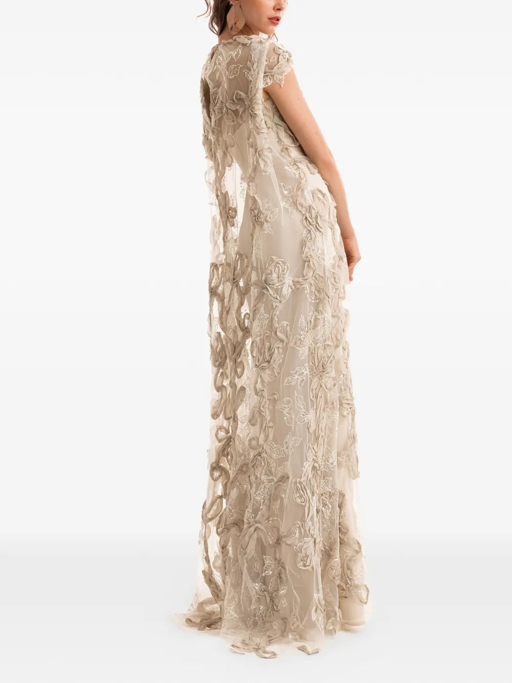 Gemy Maalouf 3D Floral Embroidered Dress - Beige