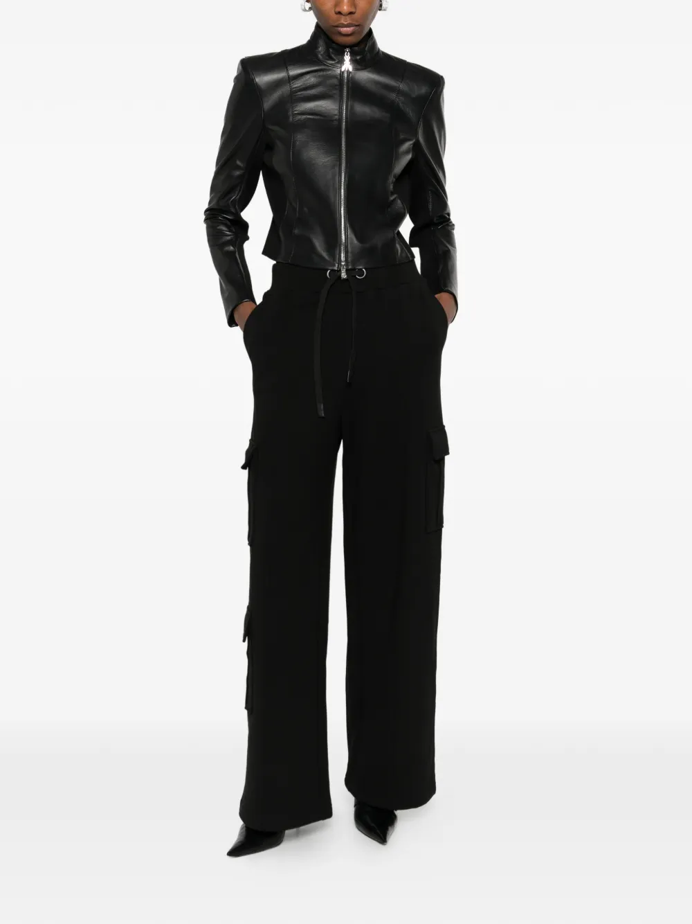  Patrizia Pepe Knitted Inserts Leather Biker Jacket - Black 