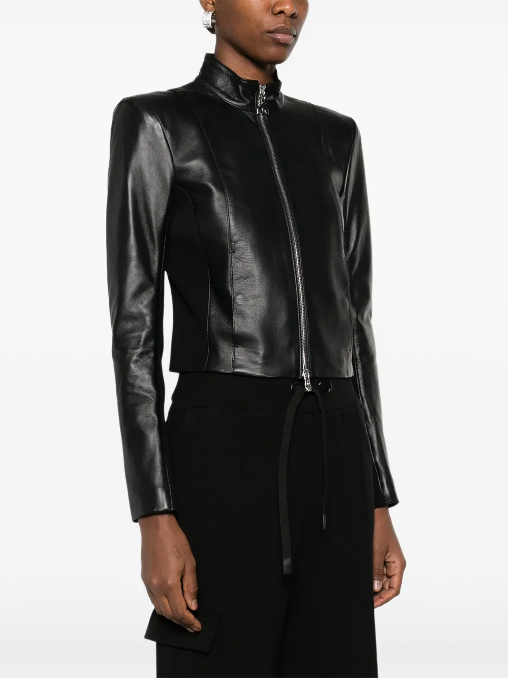  Patrizia Pepe Knitted Inserts Leather Biker Jacket - Black 