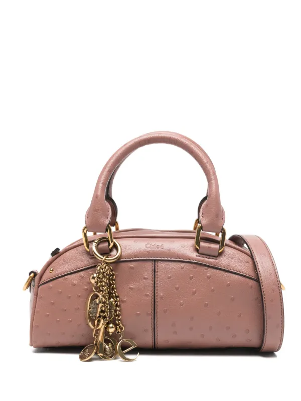 Chloé Small Bowling Bag in Ostrich-effect Leather in Pink